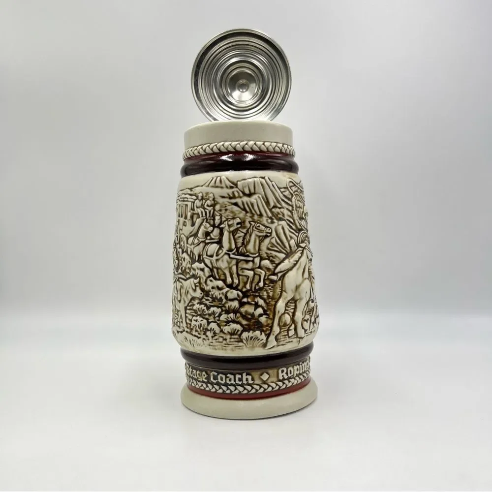 1980 Vintage‎ Avon Beer Stein Cowboy Roping Chuckwagon Cattle Drive Stage Coach